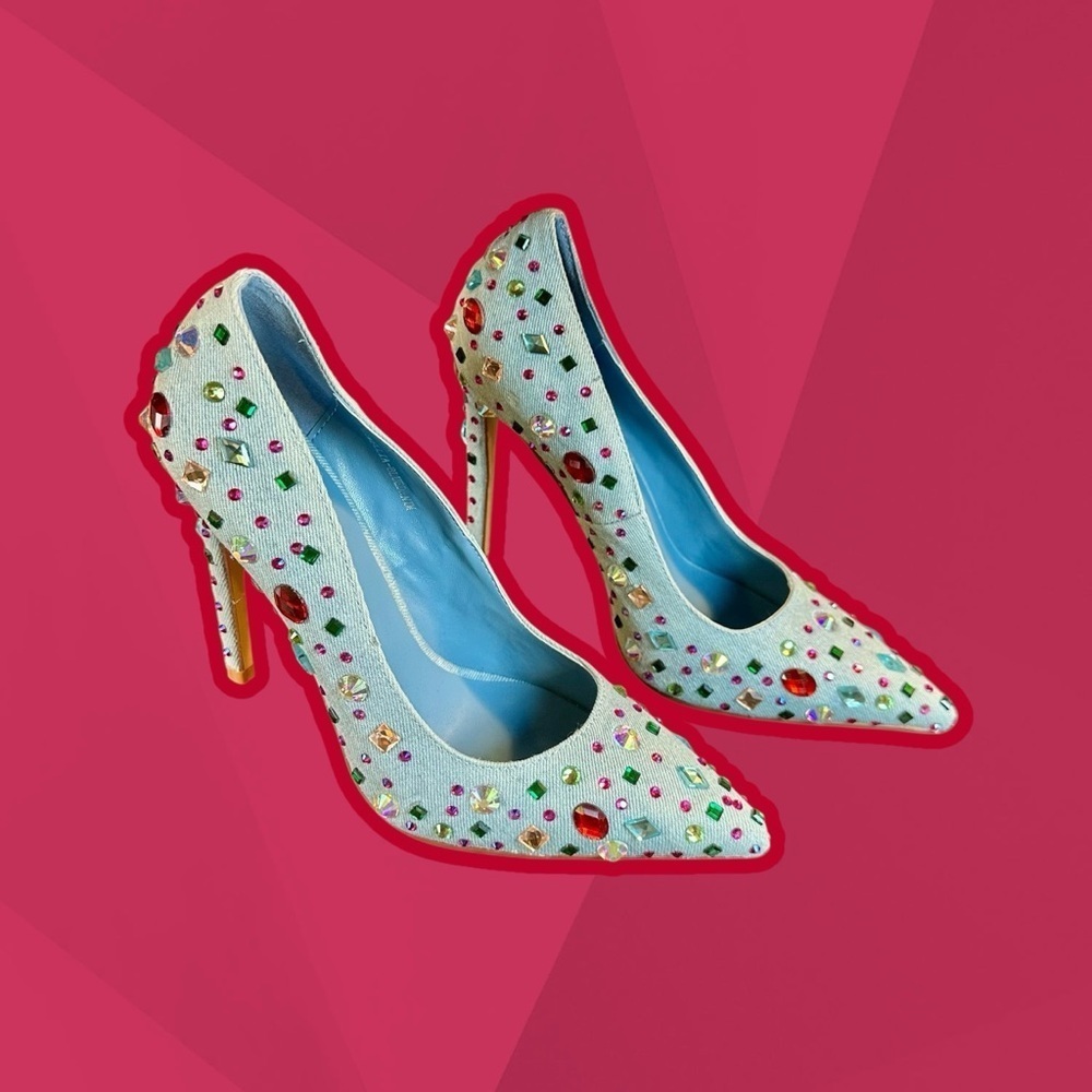 NWT Azalea Wang ‘Camellia’ Pointed Toe Stiletto Pump in “Blue Denim” Jeweled 6